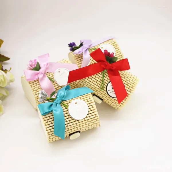 Envoltura de regalo 24 sets Forma de cilindro creativo personalizado Caja de favores de boda de bambú Cajas de dulces El producto se presenta con etiqueta de pajarita