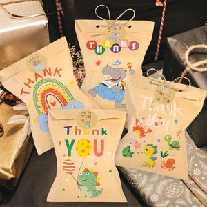 Gift Wrap 24Sets Thank You Kraft Paper Bags Cute Rainbow Dino Happy Birthday Gift Pouch Retro Flower Party Favor Bag Candy Cookie Supplies 230331