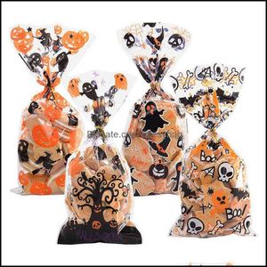 Envoltura de regalo 25 piezas Bolsa de embalaje de celofán transparente Decoración de fiesta de Halloween Truco o bolsas de golosinas Murciélago Bruja Araña Impreso Plástico Candy Bdesybag Dhlts