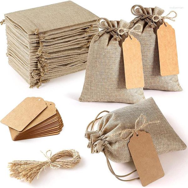 Envoltura de regalo 25 unids Paquete de lino Bolsillos Bolsas de fiesta de boda Joyería de Navidad Conjunto de bolsas de bricolaje con etiquetas colgantes Caramelo