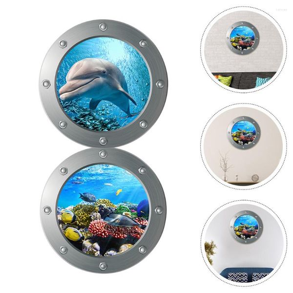 Emballage cadeau 2pcs 3D mer océan monde stickers muraux autocollants fenêtre s'accroche