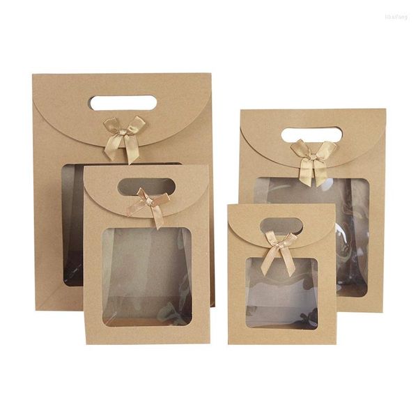 Envoltura de regalo 2 unids Bolsas de papel Kraft con manija de ventana transparente Arco Sellado Cupcake Galleta Embalaje Cajas de favor de fiesta de boda