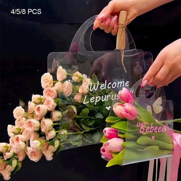 Cadeau cadeau 3/4 / 5pcs sac de bouquet de fleurs transparent avec poignée sacs d'emballage de fleurs portables fête de mariage anniversaire rose emballage boîte-cadeau 231019