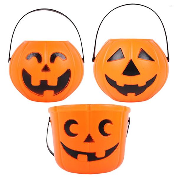 Envoltura de regalo 3 PCS Accesorios de cubo de calabaza Caldero de plástico Cubos portátiles Barriles para niños Decoración de Halloween Merienda