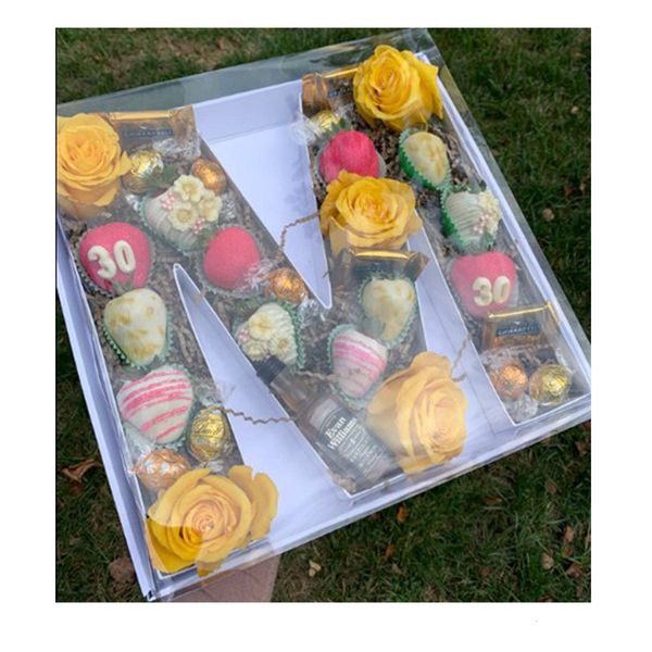 Emballage cadeau 30cm Boîte en forme de lettre en carton remplissable en 3D avec couvercle transparent pour fleurs de pâturage gâteau bonbons fraise enrobée de chocolat sucré 230625