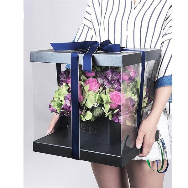 Envoltura de regalo 30 cm de alto grado coreano color puro cajas de papel de flores redondas con tapa abrazo cubo florista embalaje PVC Box185J