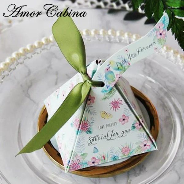 Cadeau cadeau 30pcs petite pyramide fraîche forêt verte style fleur mignon oiseau couple boîte de bonbons mariage comme fête de bomboniera