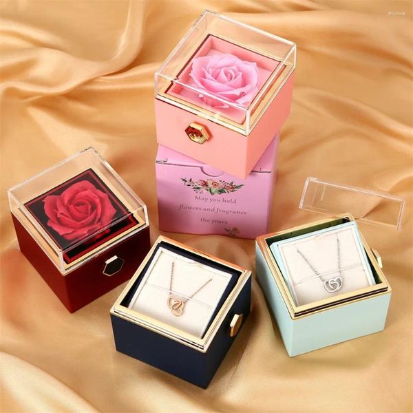 Cadeau cadeau 360 degrés rotatif préservé réel rose bague boîte collier bijoux Valentine Forever roses cas pour proposition de mariage