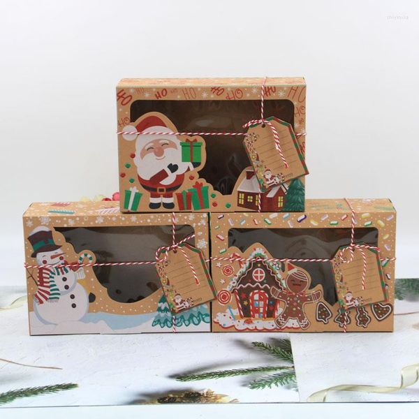 Papel de regalo 3 uds/3 colores caja de papel Kraft grande cajas de dulces de Navidad embalaje transparente PVC ventana pastel galleta