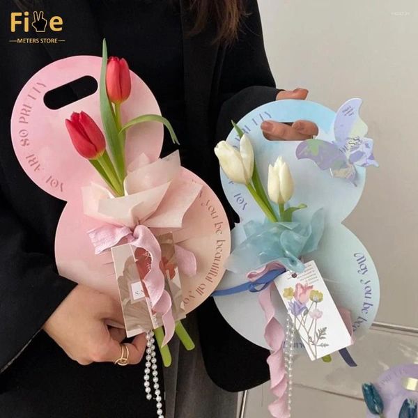 Emballage cadeau 3pcs Gandage Kraft Paper Flower Emmacking Box Plug-In Cardboard Handbag Emballage pour la fête de mariage Saint Valentin