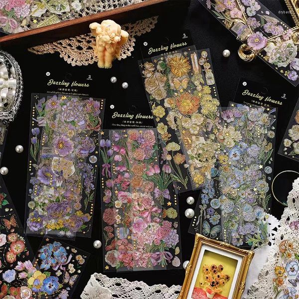 Emballage cadeau 3 feuilles/paquet série de fleurs éblouissantes Scrapbooking PVC paillettes autocollant ensemble bricolage journal Mobile bagages adhésif artisanat décoration joint