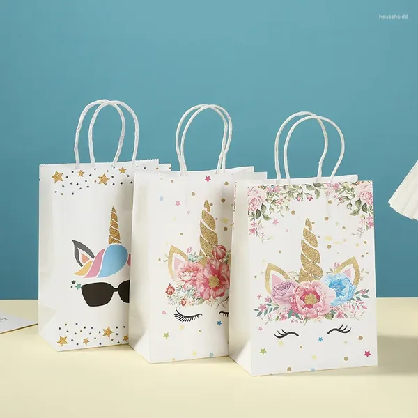 Cadeau cadeau 4pcs dessin animé licorne papier sac mignon léopard arc-en-ciel bonbons biscuit bricolage joyeux anniversaire mariage bébé douche fête décor