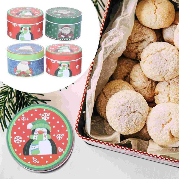 Papel de regalo 4 piezas Caja de hojalata con temática navideña Cajas redondas de galletas de caramelo Caja de hojalata Suministros para fiestas Patrón aleatorio