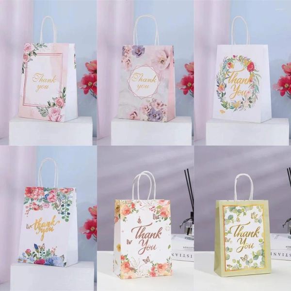 Envoltura de regalo 4 unids Papel Kraft Bolsas de agradecimiento Flor rosa Bolsa de embalaje de caramelo para invitados Cumpleaños Suministros de decoración de boda