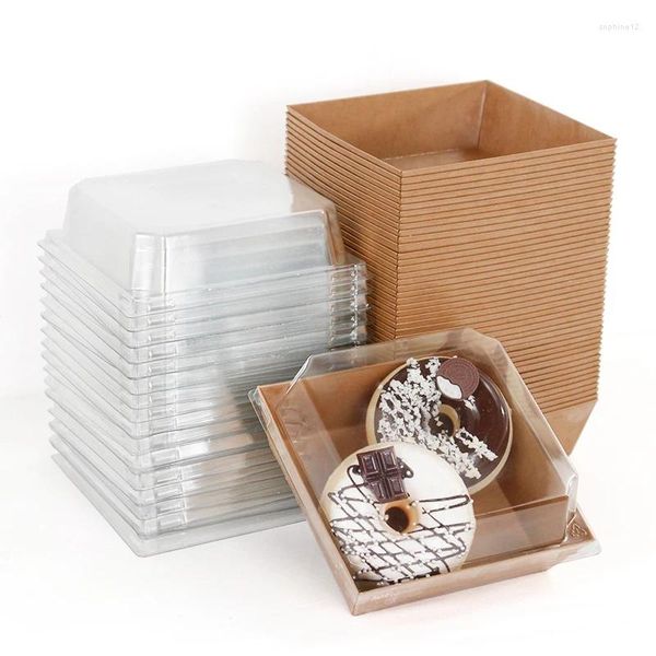 Enveloppe-cadeau 5 / 10pcs Sandwich Cake Bildaging Boîte en papier Boîtes en papier avec couvercles transparents à l'huile carrée Conteneurs alimentaires Kraft Bakery