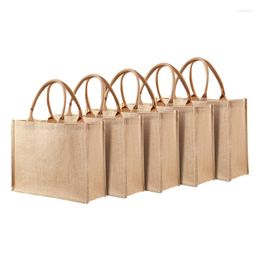 Paquet de 5 sacs fourre-tout en toile de jute Ensemble de sacs en jute avec poignées Blanc Grande épicerie réutilisable pour demoiselle d'honneur