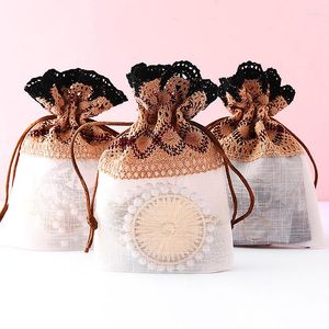 Envoltura de regalo 5 piezas de 10x14 cm Sling de encaje ondulado beige con cordón inferior doblado Bolsa de joyería Bolsa de joyería Fiesta de boda