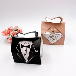 Envoltura de regalo 50/100 PCS / PAQUETE Cajas nupciales rosadas encantadoras Novio Esmoquin Vestido de novia Vestido Cinta Favor de boda Caja de dulces