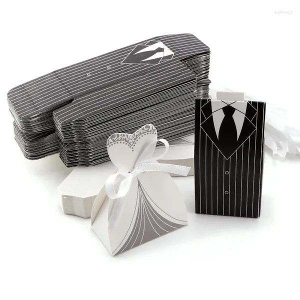 Enveloppe-cadeau 50 / 100pcs Bride and Groom Candy Box Mariage Favoule Cadeaux DIY Sacs sucrés avec décoration de ruban Souvenirs Party Supply