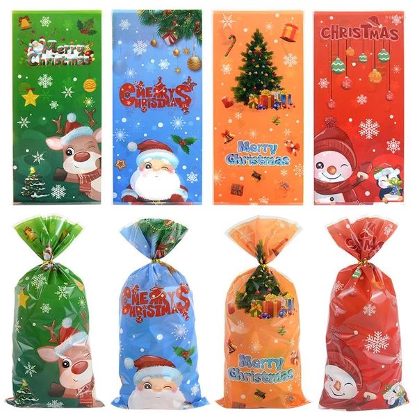 Envoltura de regalo 50/100 unids Navidad Claro Celofán Bolsas de caramelo Favores de fiesta Galletas con lazos de torsión Suministros de año