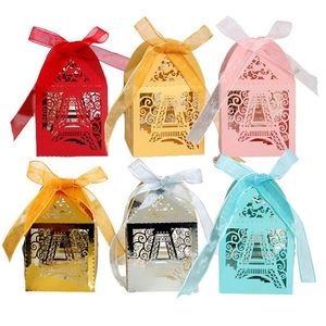 Emballage cadeau 50/100pcs Tour Eiffel Laser Cut Carriage Favors Box Cadeaux Bonbons Boîtes Avec Ruban Baby Shower Mariage Fête D'anniversaire Décoration