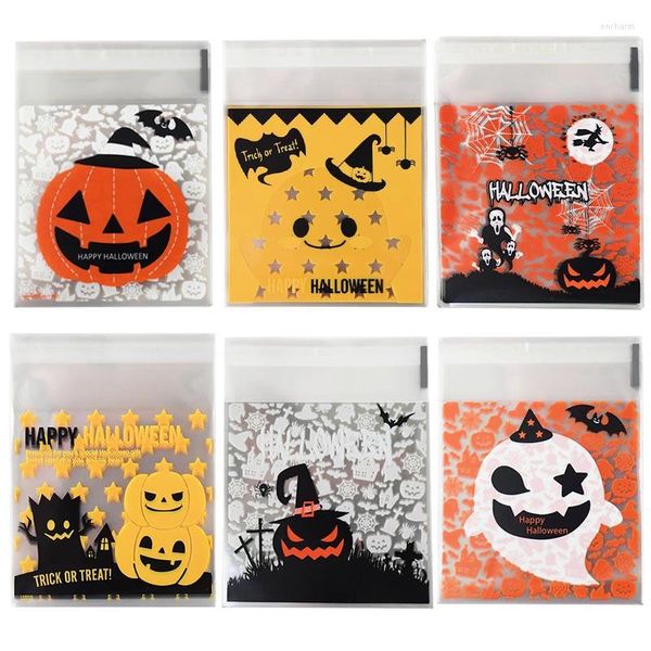 Papel de regalo 50/100 Uds. Bolsas de plástico para dulces de Halloween, galletas, bocadillos, embalaje, suministros felices