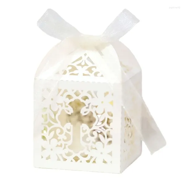 Envoltura de regalo 50/100 unids Caja de cruz blanca láser para invitados de boda Baby Shower Bautismo Comunión Fiesta de cumpleaños Decoración Cajas de dulces al por mayor