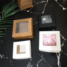 Emballage cadeau 50/100 pièces boîte en papier pliable blanc Kraft avec fenêtre en PVC artisanat noir bonbons de mariage boîtes d'emballage de savon à la main