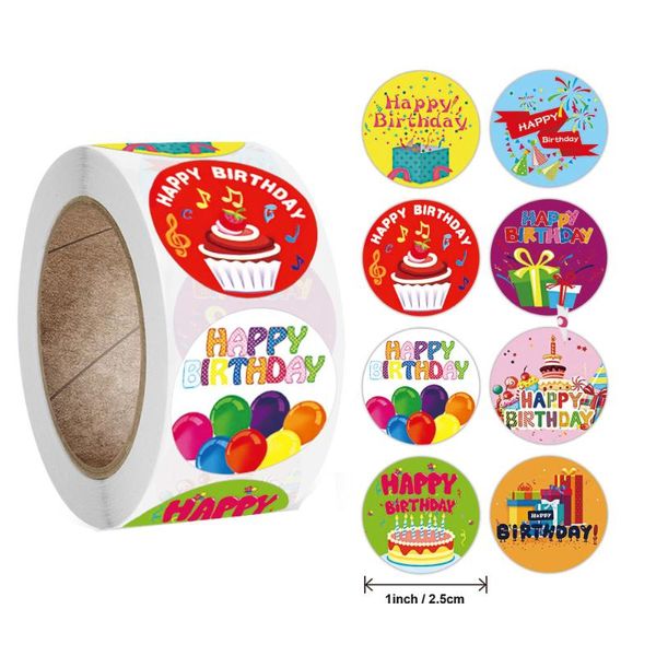 Envoltura de regalo 50-500 unids Lindas pegatinas de feliz cumpleaños 2.5 cm / 1 pulgada Regalos de fiesta para niños Sellado Decoración Tarjeta de felicitación Paquete Etiquetas Regalo