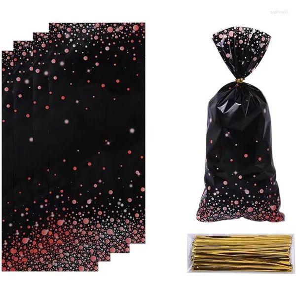 Envoltura de regalo 50 pcs negros rosa rosa lámina de plástico celofán bolsas de dulces con corbatas doradas para suministros de fiesta de jubilación