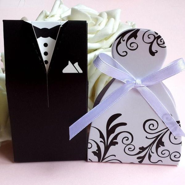 Cadeau cadeau 50 pcs cas de mariée marié smoking robe robe ruban faveur de mariage boîte de bonbons et cadeaux décoration