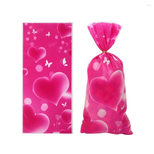 Envoltura de regalo 50 PCS / Paquete Pink Heart Butterfly Plastic Cookie Sweet Treat Bolsa de embalaje Bolsas para boda Paquete de fiesta de vacaciones de San Valentín