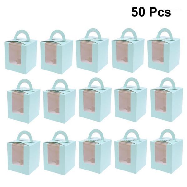 Emballage cadeau 50 Pcs Portable Window Desigm Muffin Box Paper Cups Pudding Packaging For Storage Use Bleu