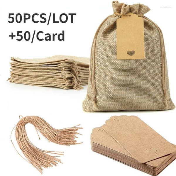 Emballage cadeau 50 pièces mariage petits sacs en jute avec étiquettes en papier fête de noël merci pochettes à cordon bijoux paquet sacs