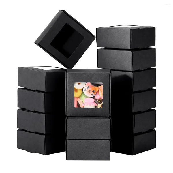 Envoltura de regalo 50 piezas mini caja de papel kraft con ventana envasado presente regalo para dulces de panadería de jabón casero (negro)