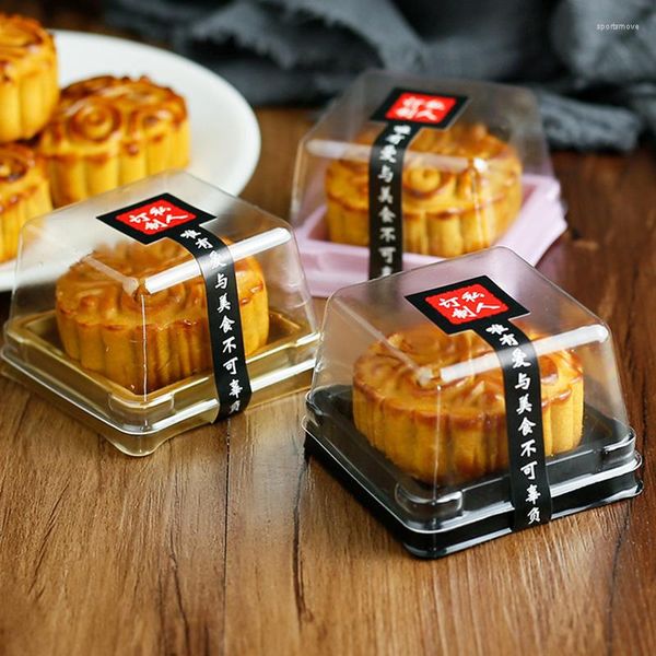Emballage cadeau 50 ensembles plateaux de gâteau de lune carrés boîte d'emballage de gâteau de lune avec couvercle porte-récipient alimentaire en plastique doré pour tarte aux œufs de biscuit