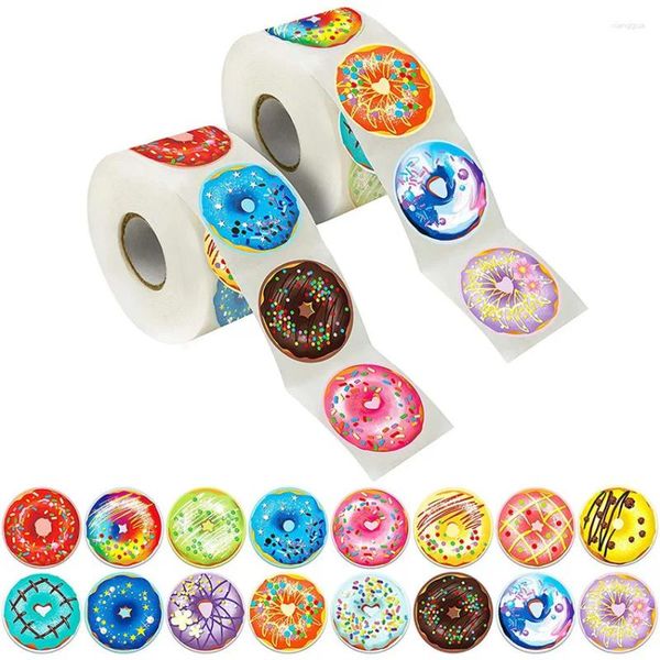 Envoltura de regalo 500 unids 1.5 pulgadas Pegatinas de donut Rollo 8 diseños Delicioso postre buscando etiquetas de donas hechas a mano para hornear pan de pastel