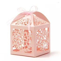 Cadeauverpakking 50st roze uitgeholde lasergesneden bladpapier gunstgeschenken snoepdoos met lint babyshower bruiloft feestartikelen