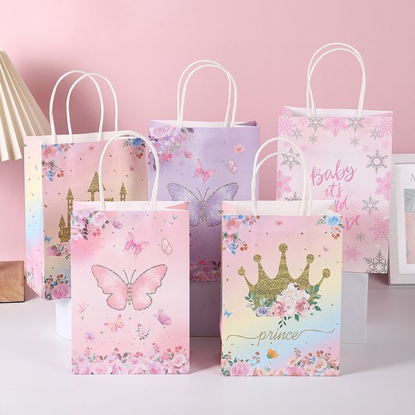 Emballage cadeau 50pcs papillon sacs-cadeaux rose violet fleurs papier bonbons emballage cadeau sac enfants fête d'anniversaire fournitures fille bébé douche décor 230617