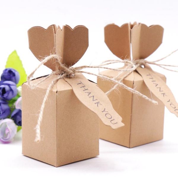 Envoltura de regalo 50 unids Bolsas de dulces Vintage Retro Kraft Caja de papel Cajas de favor de boda Embalaje de fiesta con cuerda y etiqueta de agradecimiento