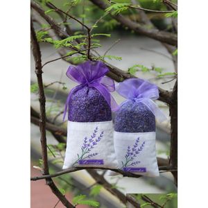 Envoltura de regalo 50 unids Gracef Lace Lavender Sachet Bolsas Bolsa de caramelo para el armario de la boda Bolsa de malla Algodón púrpura con cinta Ducha Gota del Otog2