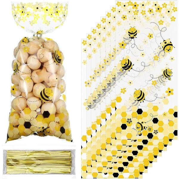 Enveloppe cadeau 50pcs miel abeilles bonbons sacs de gâteaux abeilles sacs de cellulophane avec liens twis