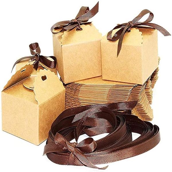 Envoltura de regalo 50 unids Caja de papel Kraft con cinta Estilo retro Mate Sin cera Apariencia DIY Patrón de onda Boda Candy 6.5x6.5x4.5cmRegalo