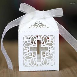 Envoltura de regalo 50pcs láser cortes de caramelo Cams Baptism Wedding Favor Enlace con el suministro de fiesta de cumpleaños de la comunión de cinta