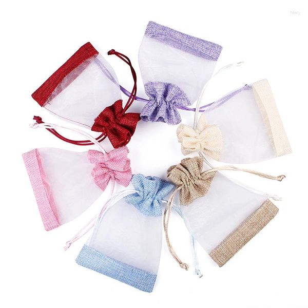 Envoltura de regalo 50 unids bolsa de lino organza bolsita costura cordón joyería bolsa de embalaje bolsas de fiesta de boda puede imprimir logotipo