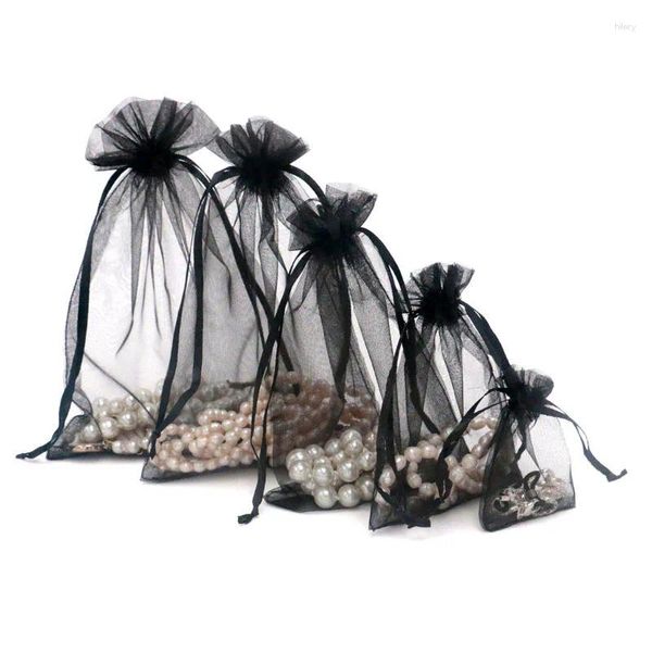 Envoltura de regalo 50pcs/lote 7x9 9x12 10x15 13x18 cm bolsas de organza negra empaquetado de joyas