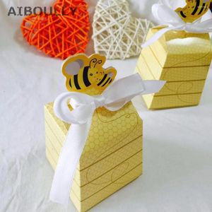 Envoltura de regalo 50 piezas/lote de abejas amarillas Favores de miel cajas de dulces con cintas blancas para baby shower/cumpleaños y regalos para niños