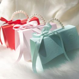 Emballage cadeau 50pcs / lots Boîte de bonbons roses avec poignées Sacs en papier pour cadeaux Baby Shower Boy Girls Party Set Fournitures de mariage