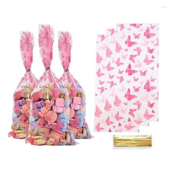 Enveloppe-cadeau 50pcs sacs en papier rose papillon avec emballage de bonbons en plastique à torsion en argent