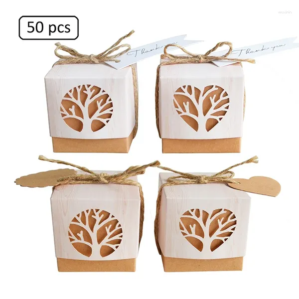 Cadeau cadeau 50pcs rétro papier kraft boîte de bonbons créatif creux arbre d'amour faveur de mariage merci tag avec corde fête d'anniversaire approvisionnement